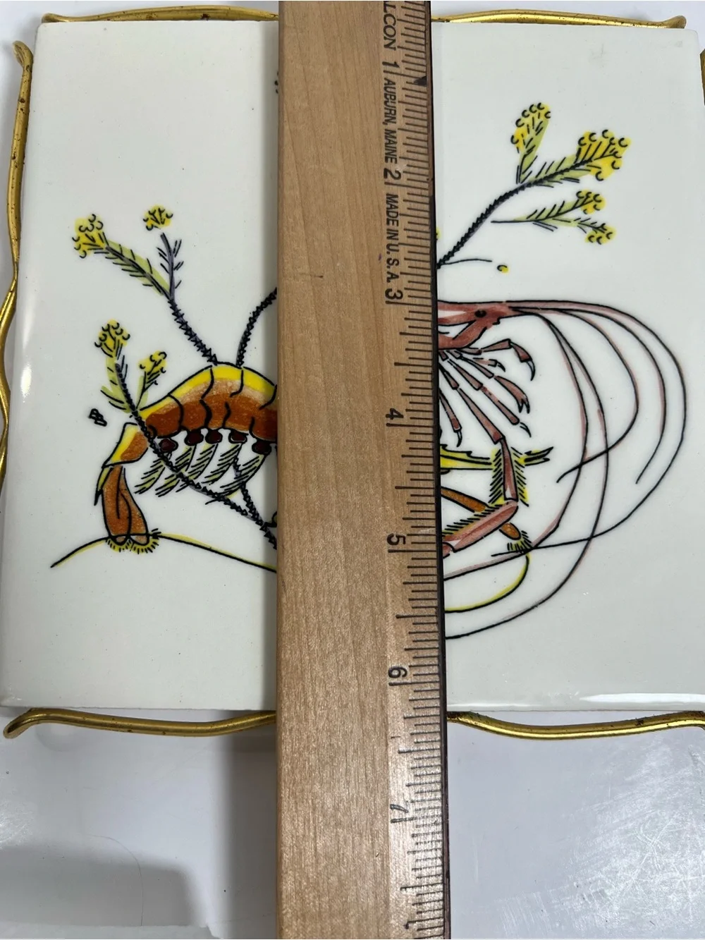 Vintage Gien France Grands Crustaces Lobster Ceramic Tile Trivet Gold Tone Frame